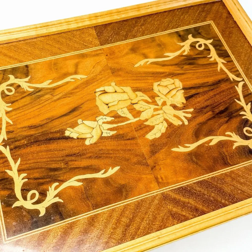 Vintage Wood Marquetry Serving Tray Floral Rose Inlay Wood Handles